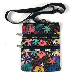 Vibrant LeSportsac Crossbody Pouch Bag Black Floral Multi-Zip Travel Shoulder
